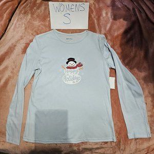 Womens S Holiday Editions Happy Holidays Glitter Snowman Long Sleeve Graphic Tee